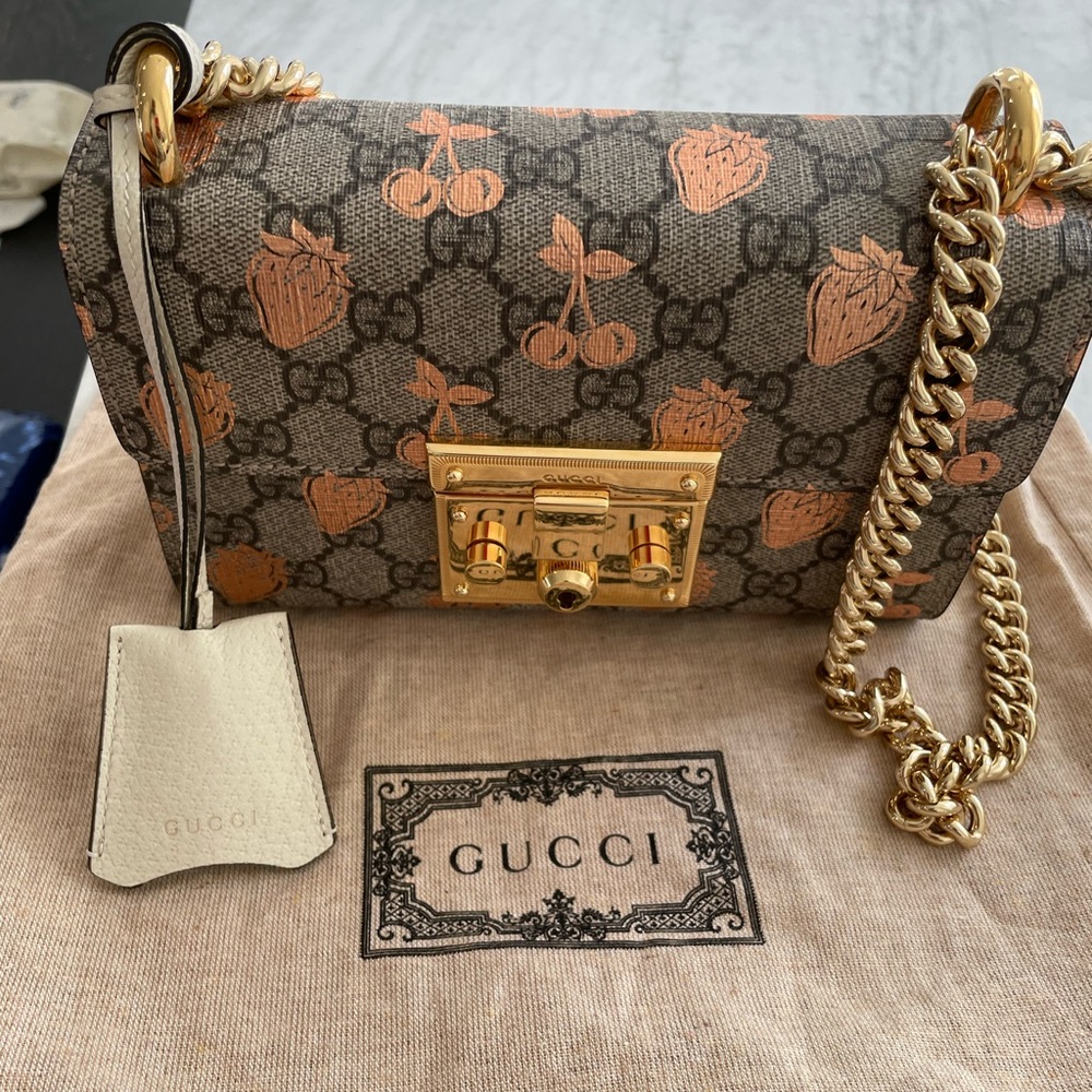 Gucci Small Padlock Gold Chain Shoulder Bag (Berry Print)